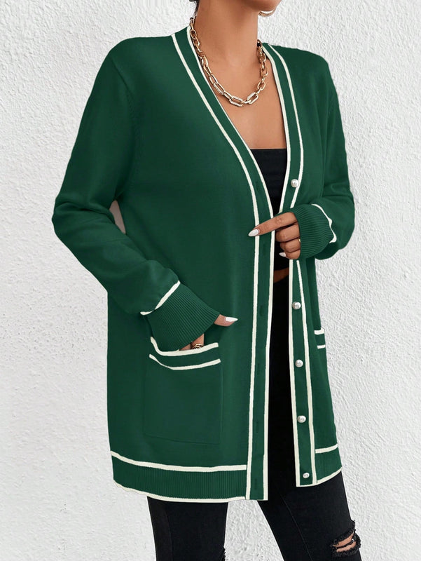 Essnce cardigan casual de bolsillo de mujer con manga larga de un solo botonadura a rayas, otono/invierno