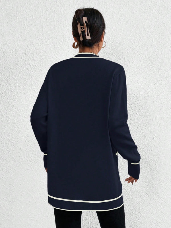 Essnce cardigan casual de bolsillo de mujer con manga larga de un solo botonadura a rayas, otono/invierno
