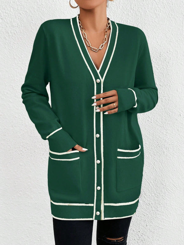 Essnce cardigan casual de bolsillo de mujer con manga larga de un solo botonadura a rayas, otono/invierno