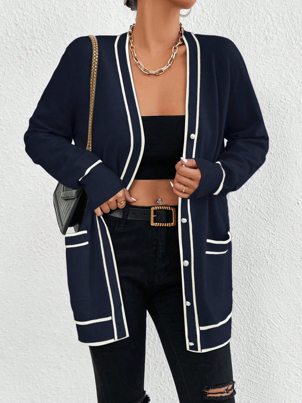 Essnce cardigan casual de bolsillo de mujer con manga larga de un solo botonadura a rayas, otono/invierno