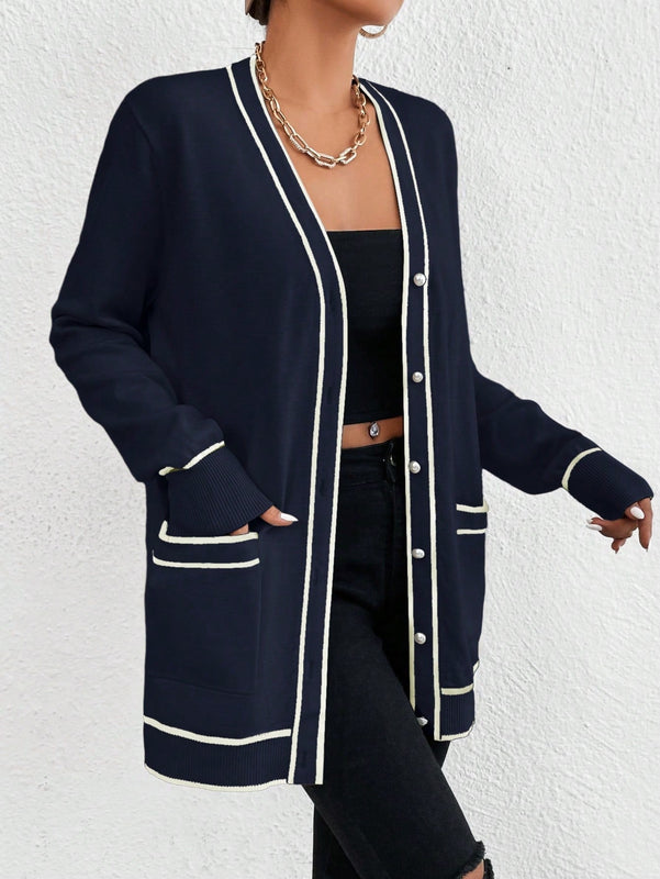 Essnce cardigan casual de bolsillo de mujer con manga larga de un solo botonadura a rayas, otono/invierno