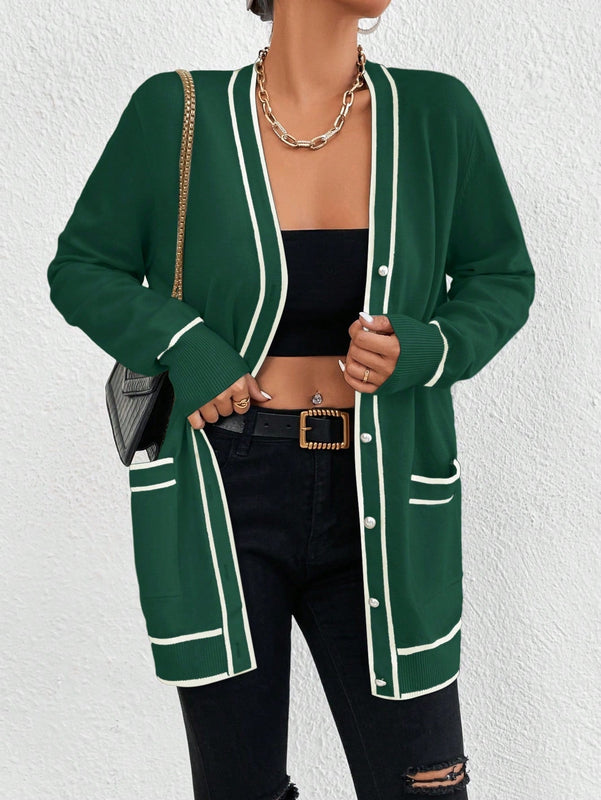 Essnce cardigan casual de bolsillo de mujer con manga larga de un solo botonadura a rayas, otono/invierno
