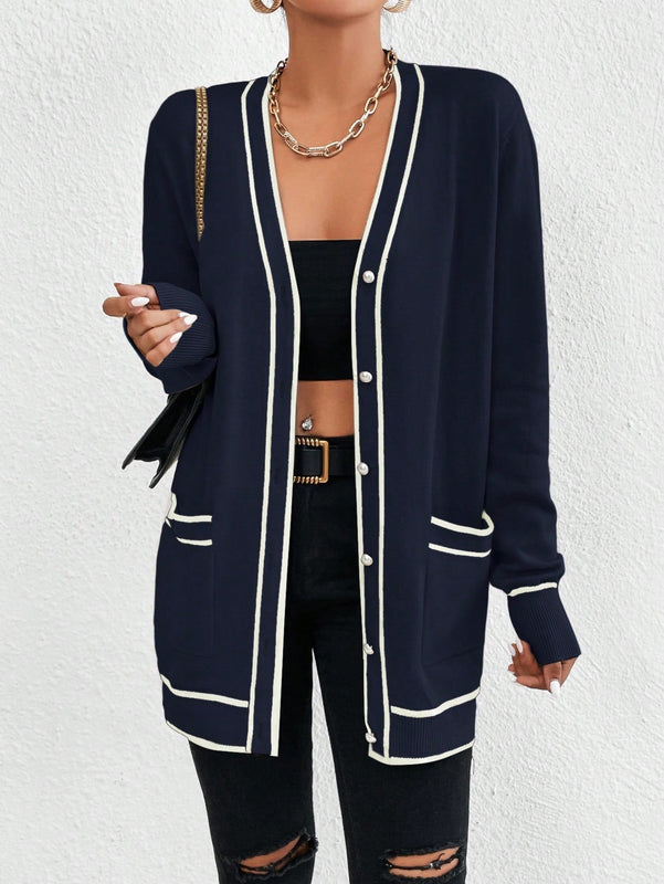 Essnce cardigan casual de bolsillo de mujer con manga larga de un solo botonadura a rayas, otono/invierno