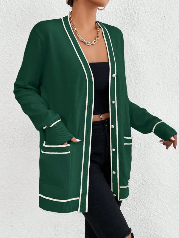 Essnce cardigan casual de bolsillo de mujer con manga larga de un solo botonadura a rayas, otono/invierno