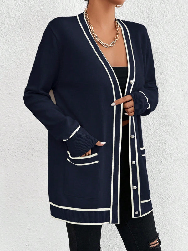 Essnce cardigan casual de bolsillo de mujer con manga larga de un solo botonadura a rayas, otono/invierno