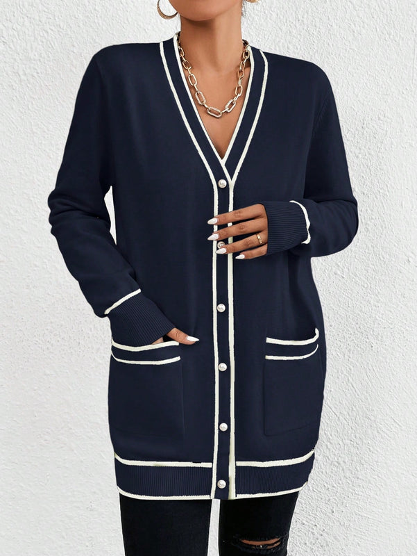 Essnce cardigan casual de bolsillo de mujer con manga larga de un solo botonadura a rayas, otono/invierno