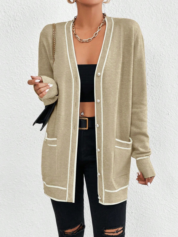 Essnce cardigan casual de bolsillo de mujer con manga larga de un solo botonadura a rayas, otono/invierno