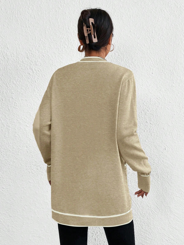 Essnce cardigan casual de bolsillo de mujer con manga larga de un solo botonadura a rayas, otono/invierno