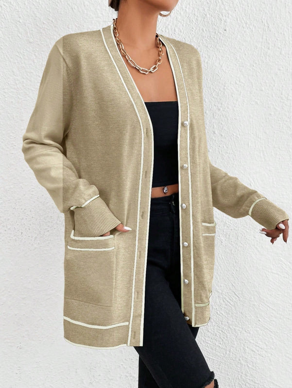 Essnce cardigan casual de bolsillo de mujer con manga larga de un solo botonadura a rayas, otono/invierno