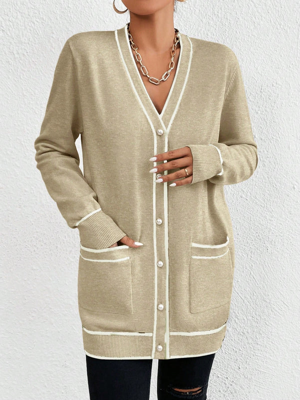 Essnce cardigan casual de bolsillo de mujer con manga larga de un solo botonadura a rayas, otono/invierno