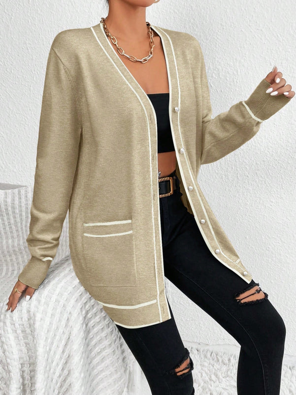 Essnce cardigan casual de bolsillo de mujer con manga larga de un solo botonadura a rayas, otono/invierno