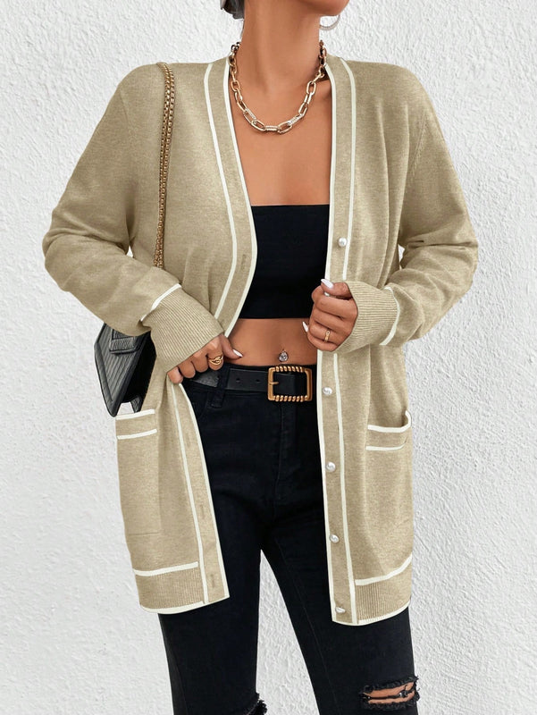 Essnce cardigan casual de bolsillo de mujer con manga larga de un solo botonadura a rayas, otono/invierno