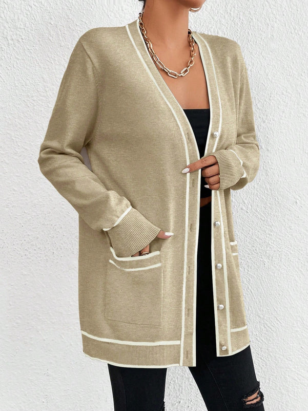 Essnce cardigan casual de bolsillo de mujer con manga larga de un solo botonadura a rayas, otono/invierno