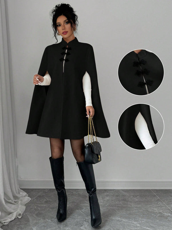 Elenzya abrigo capa elegante con cuello de pie, decoracion de botones y bloque de color con estilo chino para mujeres, tela de lana gruesa, otono/invierno