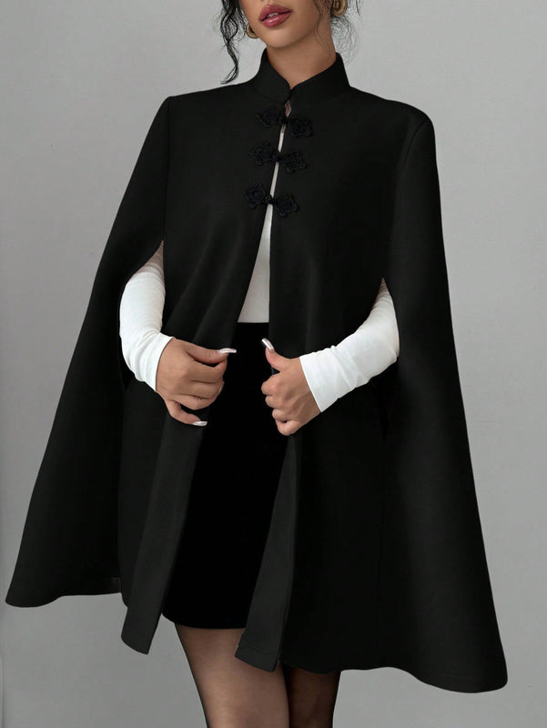 Elenzya abrigo capa elegante con cuello de pie, decoracion de botones y bloque de color con estilo chino para mujeres, tela de lana gruesa, otono/invierno