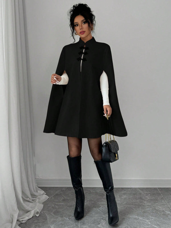 Elenzya abrigo capa elegante con cuello de pie, decoracion de botones y bloque de color con estilo chino para mujeres, tela de lana gruesa, otono/invierno