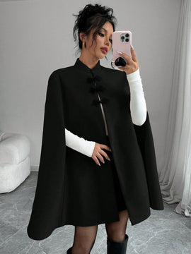 Elenzya capa, poncho y capa con cuello de pie, decoracion de botones con bloque de color en estilo chino, abrigo de lana grueso para mujer, otono/invierno