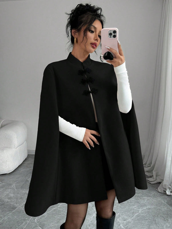 Elenzya abrigo capa elegante con cuello de pie, decoracion de botones y bloque de color con estilo chino para mujeres, tela de lana gruesa, otono/invierno