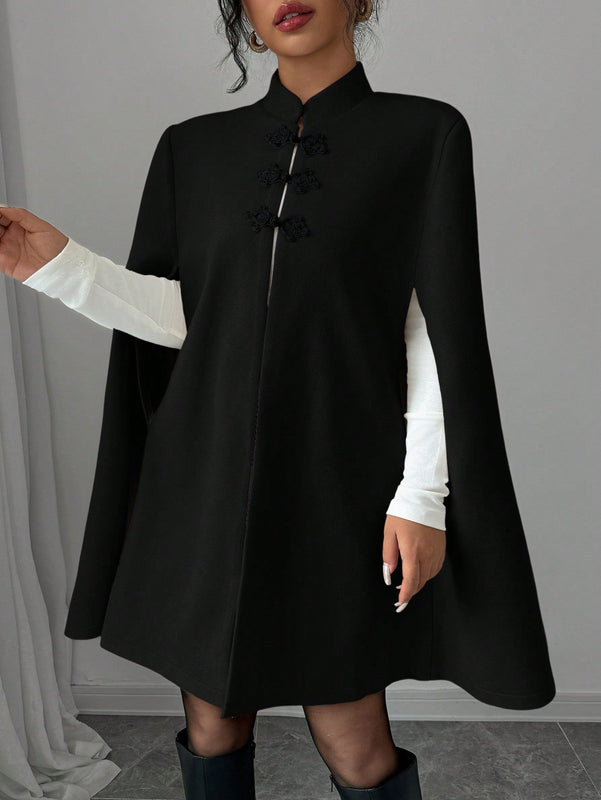 Elenzya abrigo capa elegante con cuello de pie, decoracion de botones y bloque de color con estilo chino para mujeres, tela de lana gruesa, otono/invierno