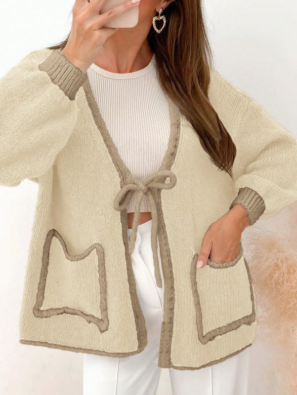 Frenchy blusa minimalista de manga larga con bolsillo y detalle de color contrastante en los bordes con lazo frontal para mujer