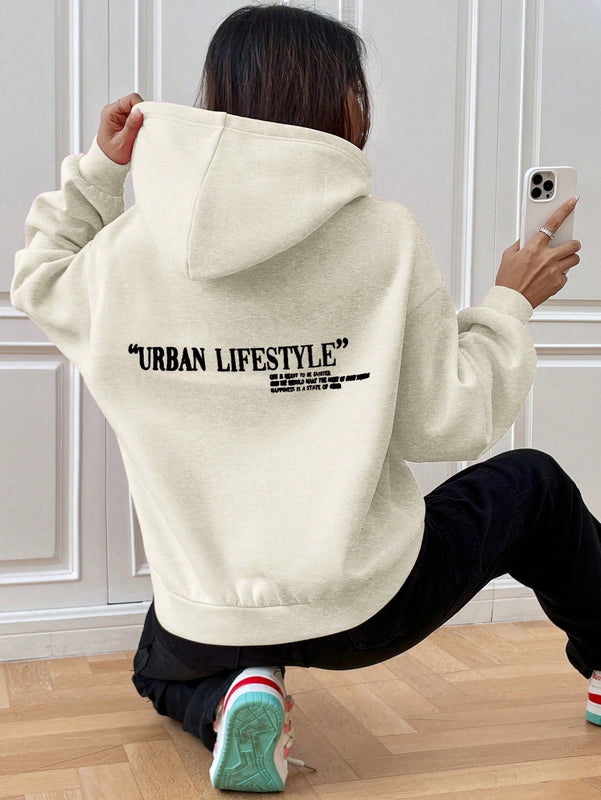 Ezwear sudadera con capucha de manga larga de unicolor con estampado de letra, uso casual diario