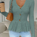 Frenchy cardigan casual de manga larga de un solo pecho con dobladillo con volantes, de color liso, para otono/invierno