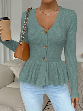 Frenchy cardigan casual de manga larga de un solo pecho con dobladillo con volantes, de color liso, para otono/invierno