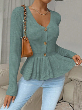 Frenchy cardigan casual de manga larga de un solo pecho con dobladillo con volantes, de color liso, para otono/invierno