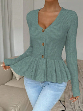Frenchy cardigan casual de manga larga de un solo pecho con dobladillo con volantes, de color liso, para otono/invierno