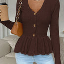 Frenchy cardigan casual de manga larga de un solo pecho con dobladillo con volantes, de color liso, para otono/invierno