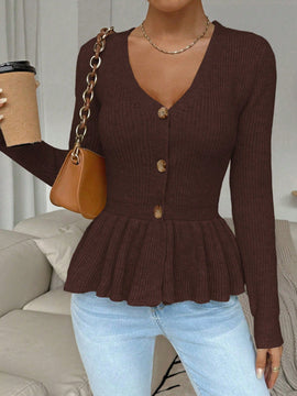 Frenchy cardigan casual de manga larga de un solo pecho con dobladillo con volantes, de color liso, para otono/invierno