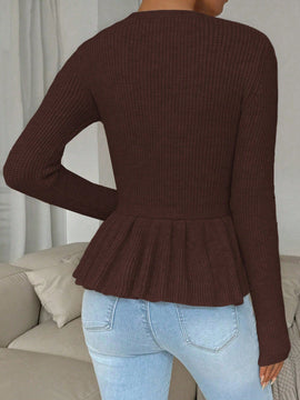 Frenchy cardigan casual de manga larga de un solo pecho con dobladillo con volantes, de color liso, para otono/invierno