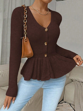 Frenchy cardigan casual de manga larga de un solo pecho con dobladillo con volantes, de color liso, para otono/invierno