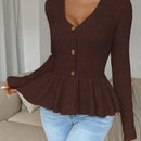 Frenchy cardigan casual de manga larga de un solo pecho con dobladillo con volantes, de color liso, para otono/invierno