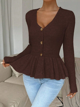 Frenchy cardigan casual de manga larga de un solo pecho con dobladillo con volantes, de color liso, para otono/invierno