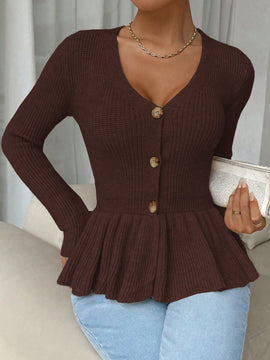 Frenchy cardigan casual de manga larga de un solo pecho con dobladillo con volantes, de color liso, para otono/invierno