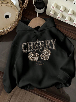Ezwear sudadera con capucha holgada de estilo casual y minimalista con estampado de leopardo y cereza para mujer, otono/invierno