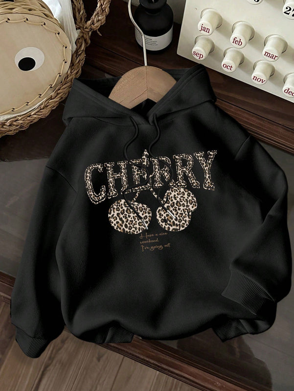 Ezwear sudadera con capucha holgada de estilo casual y minimalista con estampado de leopardo y cereza para mujer, otono/invierno