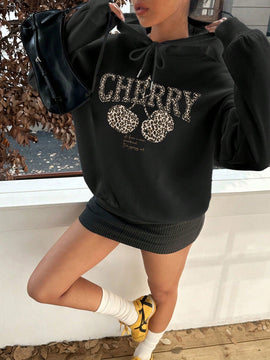 Ezwear sudadera con capucha holgada de estilo casual y minimalista con estampado de leopardo y cereza para mujer, otono/invierno
