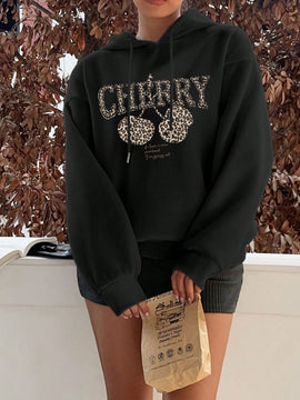 Ezwear sudadera con capucha holgada de estilo casual y minimalista con estampado de leopardo y cereza para mujer, otono/invierno