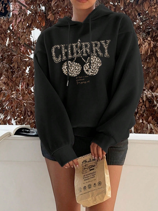 Ezwear sudadera con capucha holgada de estilo casual y minimalista con estampado de leopardo y cereza para mujer, otono/invierno