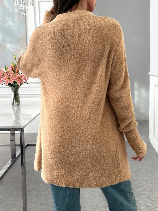 Chaqueta de punto abierta con bolsillos detalles de hombro caido en unicolor y lana de pelo para mujer