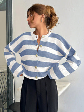 Cardigan de mujer con cuello redondo y botones delanteros, con estampado de rayas