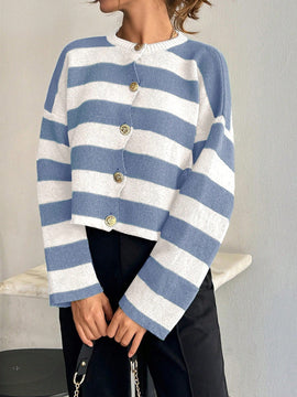 Cardigan de mujer con cuello redondo y botones delanteros, con estampado de rayas