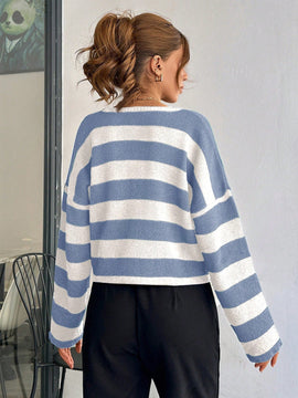 Cardigan de mujer con cuello redondo y botones delanteros, con estampado de rayas