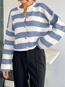 Cardigan de mujer con cuello redondo y botones delanteros, con estampado de rayas