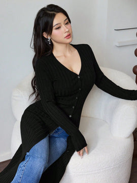 Modely cardigan casual largo de un solo botonadura de unicolor y manga larga para mujer, otono/invierno