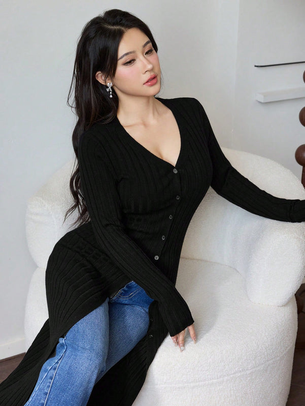 Modely cardigan casual largo de un solo botonadura de unicolor y manga larga para mujer, otono/invierno