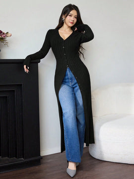 Modely cardigan casual largo de un solo botonadura de unicolor y manga larga para mujer, otono/invierno