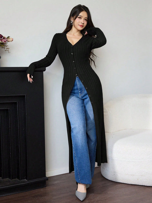 Modely cardigan casual largo de un solo botonadura de unicolor y manga larga para mujer, otono/invierno